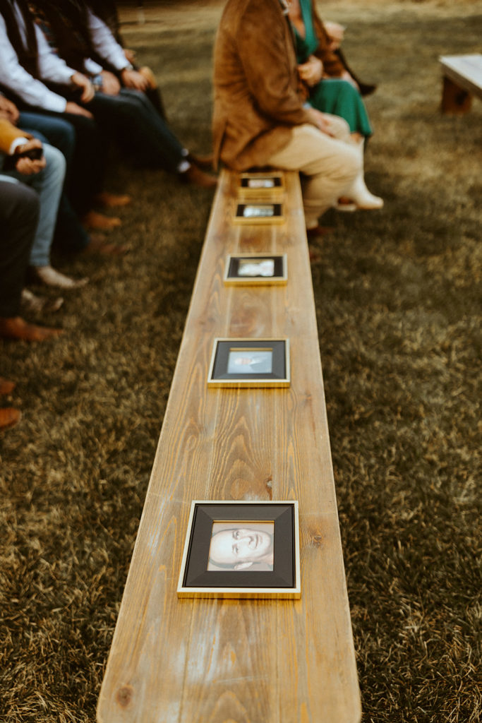 bench with memory photos for wedding 