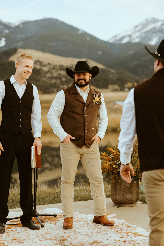 groom at the altar during montana paradise valley wedding