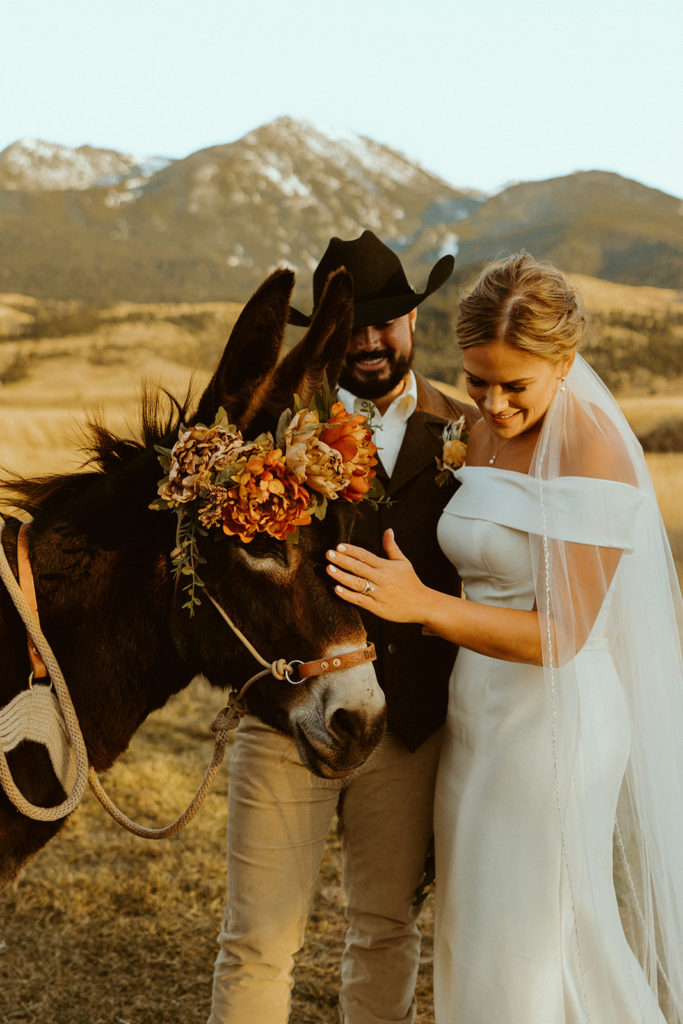 Bride and groom posing with donkey for Montana Paradise Valley wedding photos