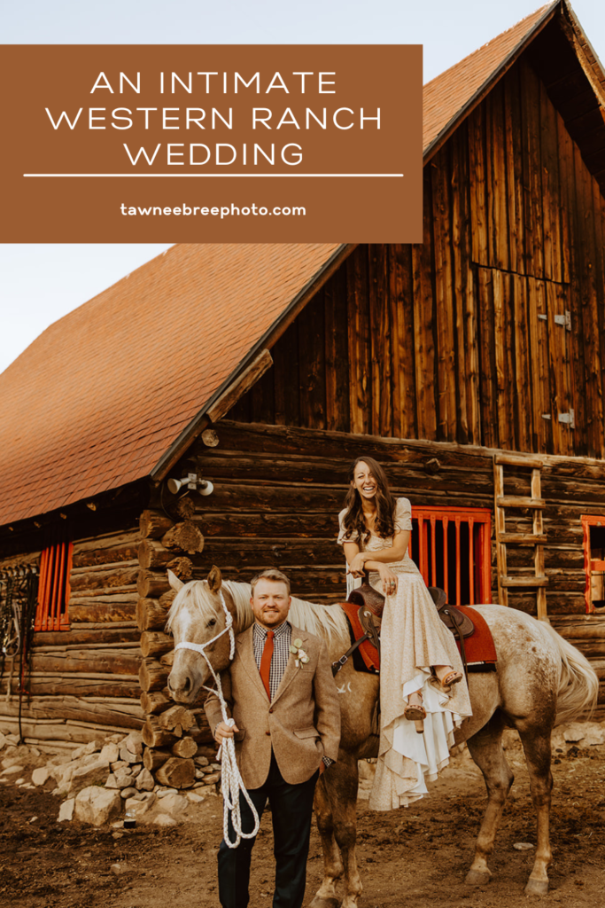Bride and groom sitting on a horse for wedding portraits